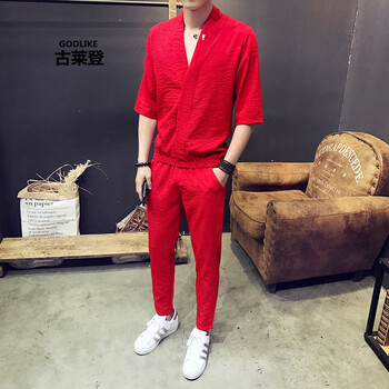 古萊登（GODLIKE） 短袖 男士T恤 紅色九分褲套裝 XL，L，XXL，XXXL，M