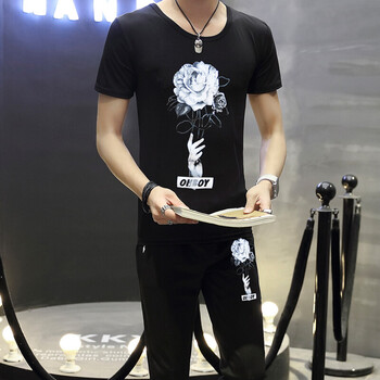 古萊登（GODLIKE） 短袖 男士T恤 手中花【上裝+下裝黑色】 