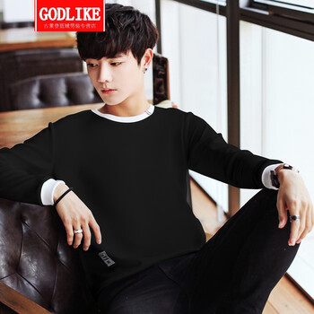 古萊登（GODLIKE） 長(cháng)袖 男士T恤 黑色  小清新男生簡(jiǎn)約長(cháng)袖T恤 