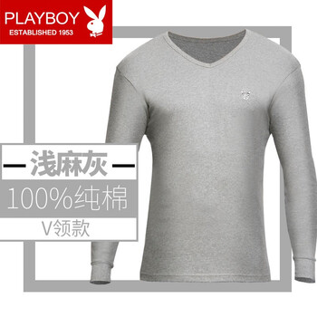 PLAYBOY 長袖 男士T恤 V領(lǐng)淺灰 