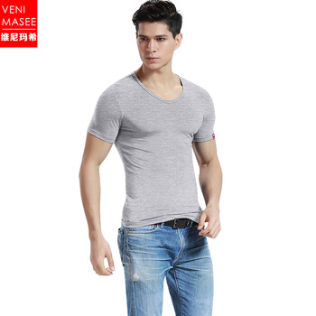 VENI MASEE 短袖 男士T恤 莫代爾V領(lǐng)-淺灰 XL，L，XXL，M
