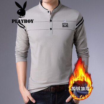 花花公子（PLAYBOY） 長袖 男士T恤 卡其加絨 