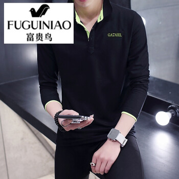 富貴鳥（FUGUINIAO） 長袖 男士T恤 黑色果綠領(lǐng) XL，L，XXL，M，XXXL