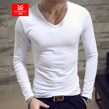 C2潮朝（C2CHAO CHAO） 長袖 男士T恤 V領白 XL，L，M，XXL