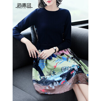 海青藍(lán)（CYANINE SEA） 碎花 拼接，印花 連衣裙
