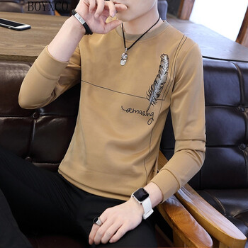BOYXCO 長袖 男士T恤 條紋羽毛卡其色長袖 XL，L，M，XXXL，XXL