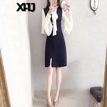 XAQ 純色 綁帶 連衣裙