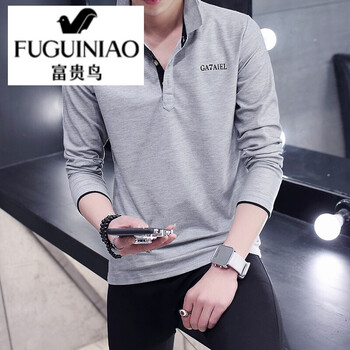 富貴鳥（FUGUINIAO） 長袖 男士T恤 灰色黑領(lǐng) XL，L，XXXL，M，XXL