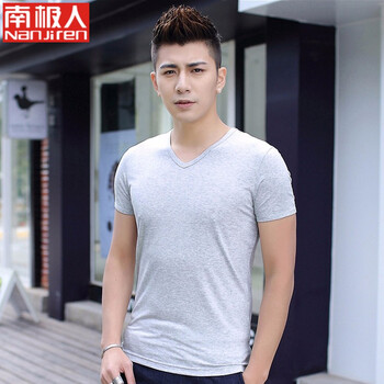 南極人 短袖 男士T恤 V領-灰色 XL，L，加大，XXL，M，XXXL