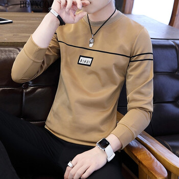 BOYXCO 長(cháng)袖 男士T恤 條紋貼標卡其色長(cháng)袖 XL，L，XXXL，M，XXL