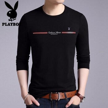 花花公子（PLAYBOY） 長(zhǎng)袖 男士T恤 黑色圓領(lǐng)    