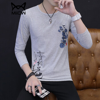 貓人（MiiOW） 長袖 男士T恤 灰色 XL，L，XXL，XXXL，M