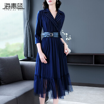 海青藍(lán)（CYANINE SEA） 純色 拼接，條紋，綁帶，紗網(wǎng) 連衣裙