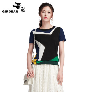 哥弟（GIRDEAR） 拼色 短袖 T恤 女 圓領(lǐng)