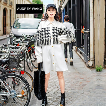 AUDREYWANG 千鳥格 流蘇，撞色 連衣裙