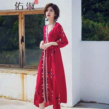 佑淑（YOUSHU） 碎花 露臍/腰，繡花，3D，深V款，卷袖，不規(guī)則，印花，提花 連衣裙