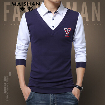 麥杉（MAISHAN） 長(zhǎng)袖 男士T恤 深藍(lán)色 XL，L，XXL，M，XXXL