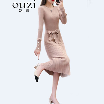 歐資（ou zi） 純色 條紋 連衣裙