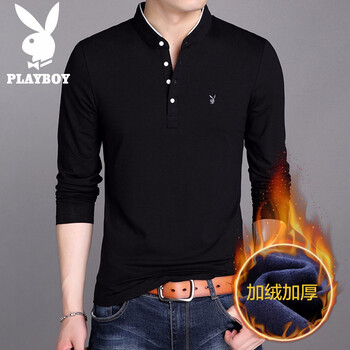 playboy 長袖 男士T恤 黑色-加絨 XL