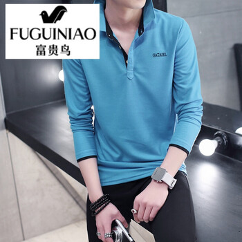 富貴鳥（FUGUINIAO） 長袖 男士T恤 天藍(lán)黑領(lǐng) XL，L，XXXL，XXL，M