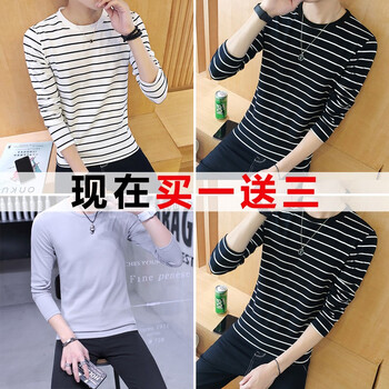 BOYXCO 長袖 男士T恤 條紋白+條紋黑+純色圓領(lǐng)灰+條紋黑 XL，L，M，XXL，XXXL
