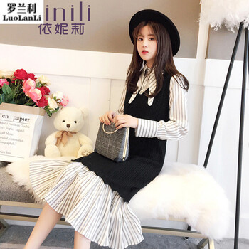 羅蘭利 豎條紋，純色 拼接，條紋，撞色，拼色，蝴蝶結，飄帶，立體裁剪 連衣裙