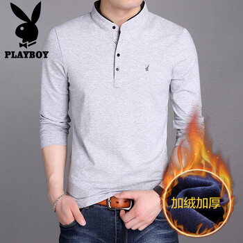 playboy 長袖 男士T恤 灰色-加絨 XL