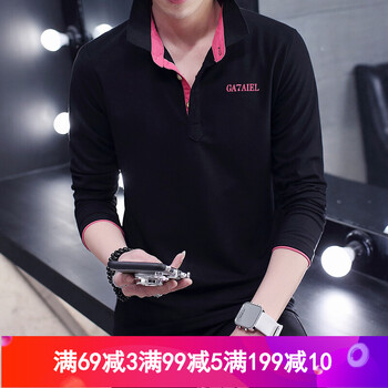 古萊登（GODLIKE） 長(zhǎng)袖 男士T恤 黑色玫紅領(lǐng) 