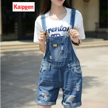 KaipRen 高腰 背帶褲 女 熱褲 牛仔褲