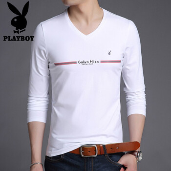 花花公子（PLAYBOY ESTABLISHED 1953） 長(zhǎng)袖 男士T恤 白色V領(lǐng)【不加絨】 