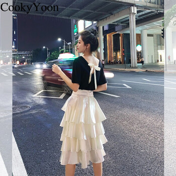 CookyYoon 純色 拼接，褶皺，綁帶 連衣裙