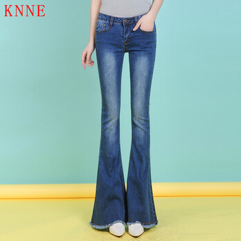KNNE 中腰 喇叭褲 女 長(cháng)褲 牛仔褲