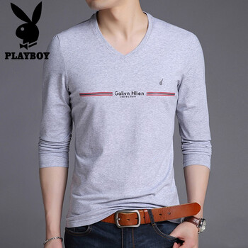 花花公子（PLAYBOY ESTABLISHED 1953） 長(zhǎng)袖 男士T恤 灰色V領(lǐng)【不加絨】 