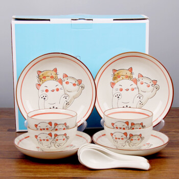 石田烧 日式陶瓷餐具套装 釉下彩手绘陶制碗碟盘勺礼盒装 宠物猫12头