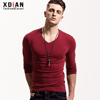 續(xù)點(diǎn)（XDIAN） 長袖 男士T恤 V領(lǐng)棗紅 
