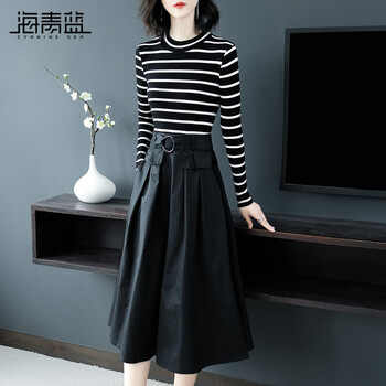 海青藍(lán)（CYANINE SEA）  條紋，拼接，金屬裝飾 連衣裙