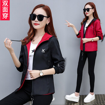 SAMFANKS 連帽 長(zhǎng)袖 女 短外套 口袋，印花，多口袋，帶帽，金屬裝飾，亮面，水洗