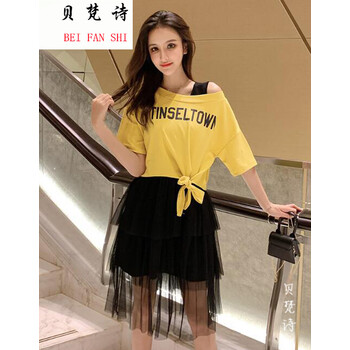 貝梵詩（BEIFANSHI） 字母 荷葉邊，露肩，透視，不規(guī)則，紗網(wǎng) 連衣裙