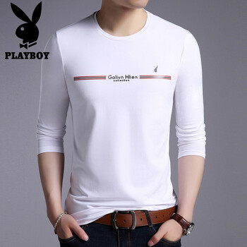 花花公子（PLAYBOY ESTABLISHED 1953） 長袖 男士T恤 白色圓領(lǐng)【不加絨】 