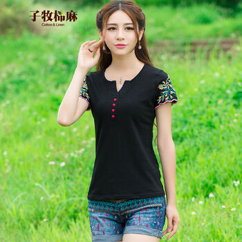 子牧棉麻 刺繡 短袖 T恤 女 V領(lǐng)