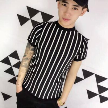 語(yǔ)莀小好 短袖 男士T恤 豎條紋短袖黑色 