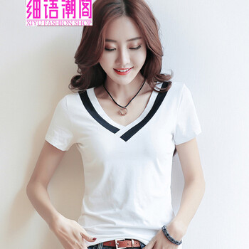 細(xì)語(yǔ)潮閣（XIYU FASHION SHOP） 條紋 短袖 T恤 女 V領(lǐng)