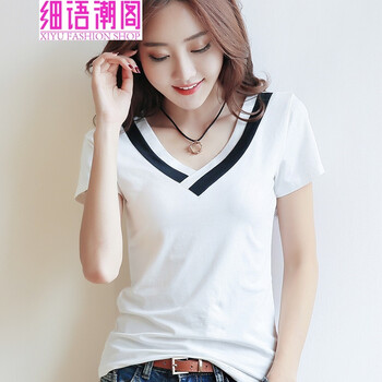 細(xì)語潮閣（XIYU FASHION SHOP） 拼接 短袖 T恤 女 V領(lǐng)
