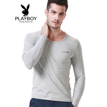 花花公子（PLAYBOY） 長(zhǎng)袖 男士T恤 圓領(lǐng)灰 M