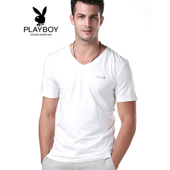 花花公子（PLAYBOY） 短袖 男士T恤 V領(lǐng)黑色 