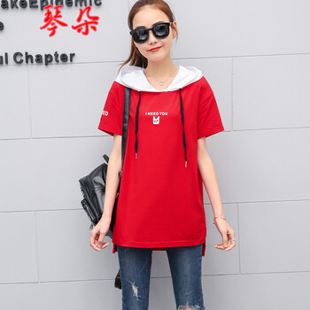 琴朵（QINDUO） 圖案 短袖 T恤 女 連帽