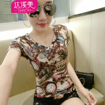達溪美 印花 短袖 T恤 女 V領(lǐng)
