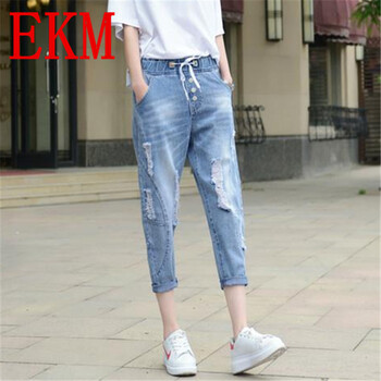 EKM 高腰 垮褲 女 九分褲 牛仔褲