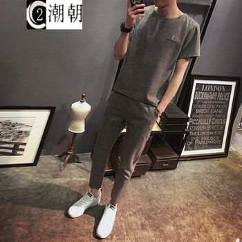 C2潮朝(C2 chao chao) 短袖 男士T恤 V灰色九分套裝 