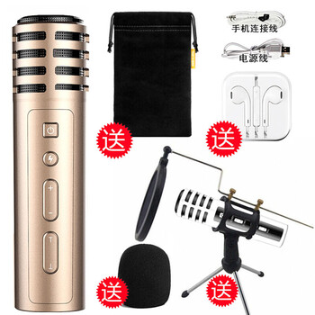 apphome  手持 麥克風  變聲金色（麥克風+耳機+三腳架+防噴棉+收納袋）